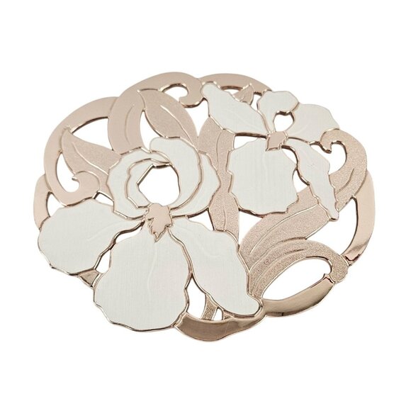 Wm A Rogers Rose Gold White Enamel Floral Trivet Iris Vintage Wall Hanging - Picture 1 of 11